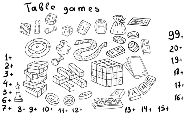 Jeux Société Jetons Cubes Cartes Dominos Croquis Gribouille Illustration Graphique — Image vectorielle