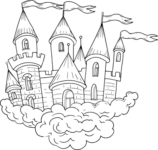 Coloriage Château Livre Dans Les Nuages Dessiné Main Conte Fées — Image vectorielle