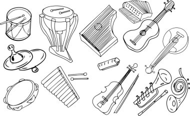 Müzik aletleri vektör illüstrasyon eli müzik bayramı orkestrası folk enstrümanları gitar kemanı çizdi. Beyaz arka planda bireysel elementler kümesi. Müzik festivali konseri 