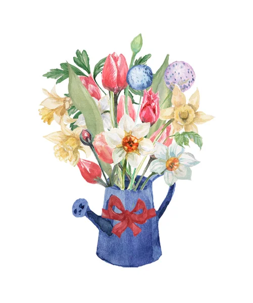 Blumenstrauß Gießkanne Garten Tulpen Narzissen Frühlingsfest März Frauentag Ostern Aquarell — Stockfoto