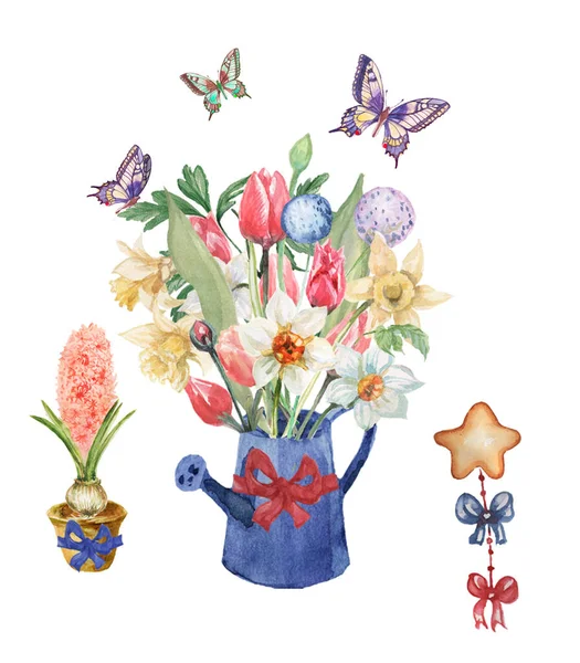 Λουλούδι Μπουκέτο Ποτίζει Μπορεί Κήπος Τουλίπες Daffodils Άνοιξη Διακοπές Μάρτιος — Φωτογραφία Αρχείου