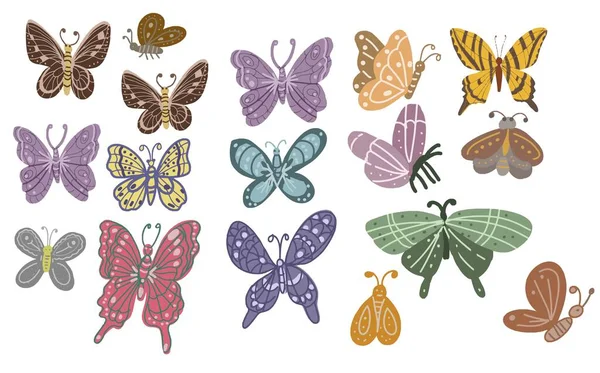 Πεταλούδες Έντομα Λαϊκό Σκάνδαλο Στυλ Παραδοσιακά Στοιχεία Hyughe Σκίτσο Doodle — Διανυσματικό Αρχείο
