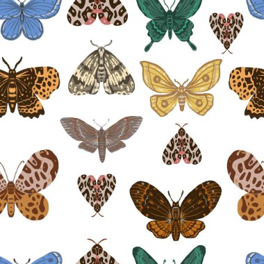 Kelebekler klasik İskandinav tarzı boho doğa böceklerinin el çizimi. Parlak renkli gerçekçi kelebekler renkli desenli mavi kahverengiler