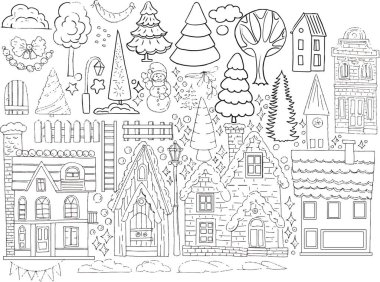 Evler Noel ağaçları şehir grafikleri çocuklar için mürekkep boyası