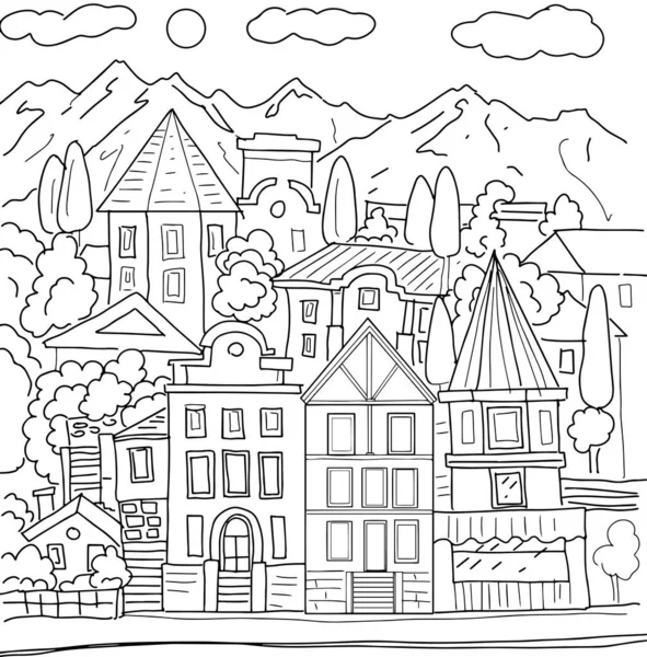 Livre Coloriage Pour Enfants Maisons Dessinées Main Bâtiments Rue Arbres — Image vectorielle