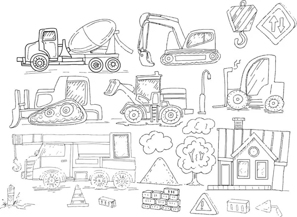Vehículos Construcción Para Colorear Libro Para Niños Garabato Boceto Dibujado — Vector de stock