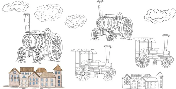 Coches Retro Técnicas Locomotora Vapor Tren Gráfico Ilustración Dibujado Mano — Vector de stock
