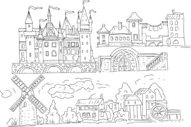 Castle Palace antik tarihi mimari çizim el beyaz arka plan üzerine ayrı elementler ortaçağ binaları evler çocuklar için şehir boyama kitabı
