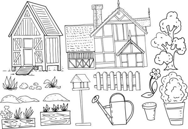 Village Cabins Farm Graphic Illustration Hand Drawn Set Isolated Elements — Stock Vector