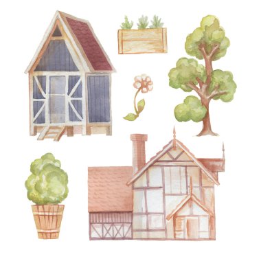 Kulübeler köy hasat tarım çit bahçe suluboya el çizim beyaz arka planda izole elementler