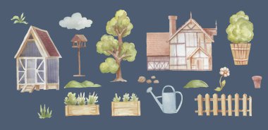 Kulübeler köy hasat tarım çit bahçe suluboya el çizim beyaz arka planda izole elementler