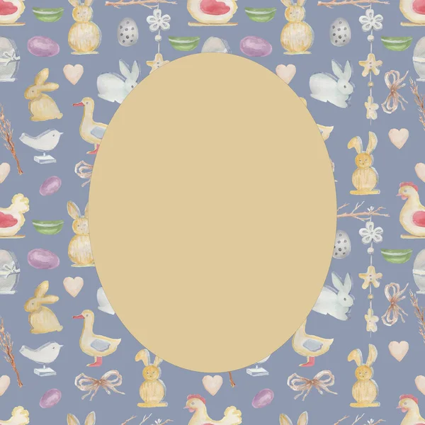 Coniglietti Pasqua Uova Pollo Fiori Ramoscelli Acquerello Illustrazione Disegnato Mano — Foto Stock
