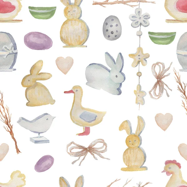 Lapins Pâques Oeufs Poulet Fleurs Brindilles Aquarelle Illustration Dessiné Main — Photo