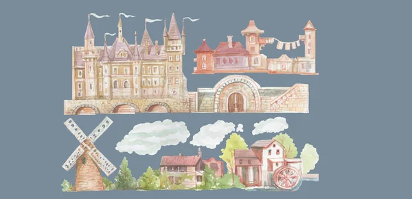 Castello Edifici Storici Architettura Medievale Acquerello Illustrazione Disegnato Mano Mulino — Foto Stock