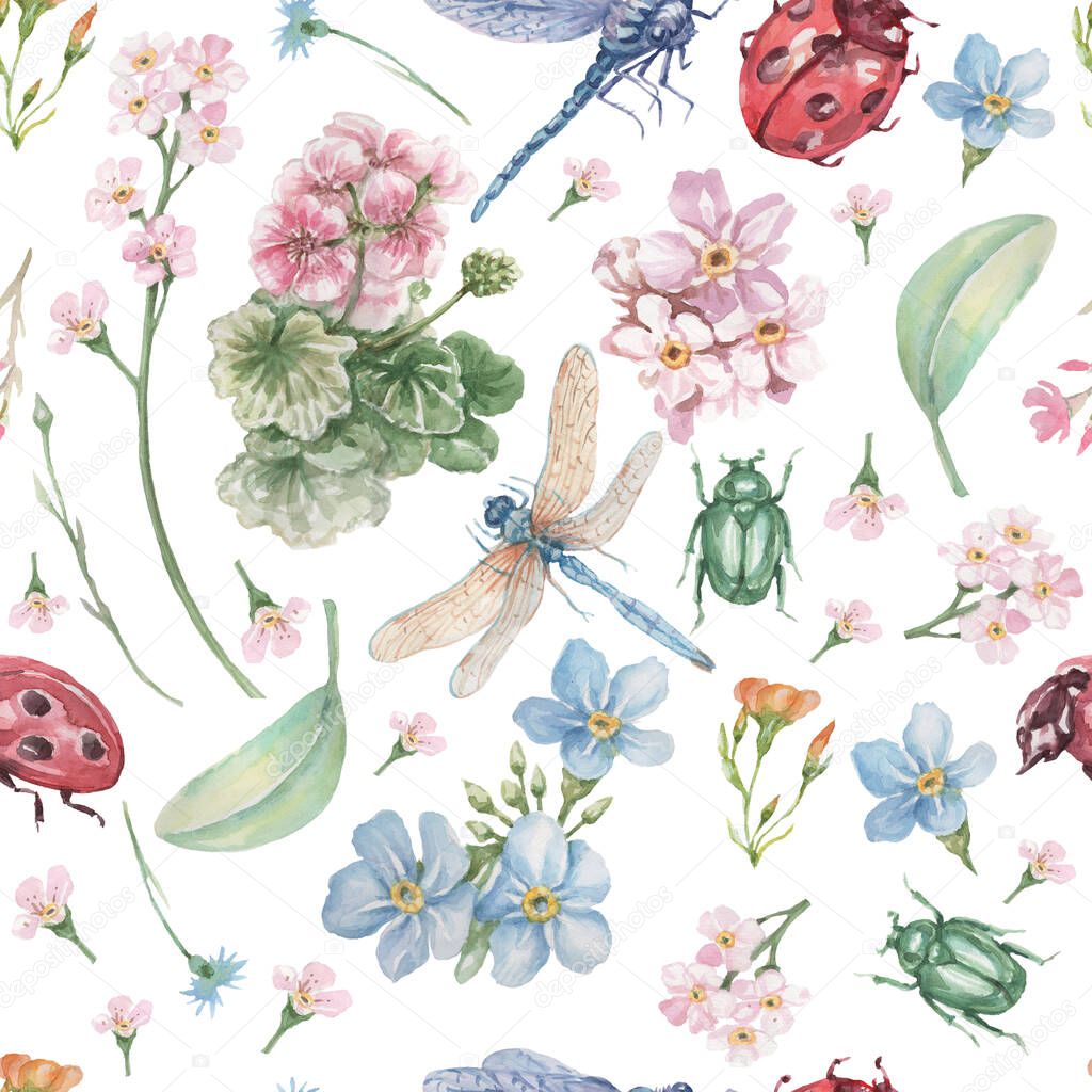 dragonfly beetle ladybug insects and flowers geranium and forget-me-nots beautiful spring clipart hand drawn watercolor set separately on white background nature plants