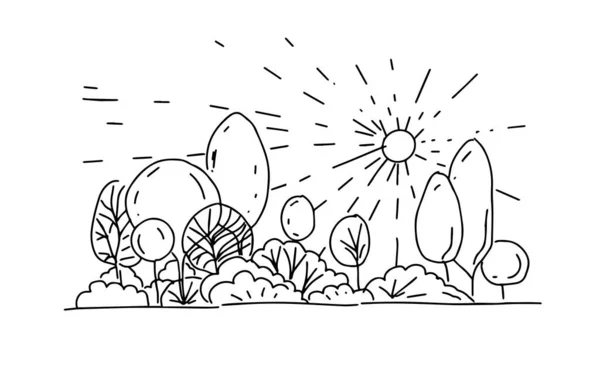 Manzara ormanı çalılıkları tepeler çocuklar için güneşli açıklık boyama kitabı beyaz arka planda ayrı karalama.