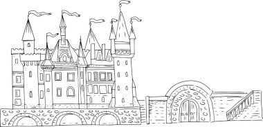 Castle Palace antik tarihi mimari çizim el beyaz arka plan üzerine ayrı elementler ortaçağ binaları evler çocuklar için şehir boyama kitabı