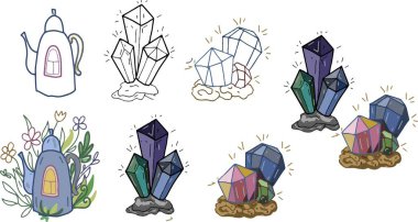 Crystals Stones Colored Illustration Stickers Doodle Sketch Hand Drawn Set Separate Jewelry Treasure Treasure