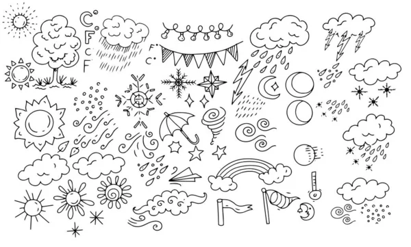 สภาพอากาศเมฆดวงอาท าหน ฝนส าหร บเด Doodle สเก อวาดช ดใหญ แยกต — ภาพเวกเตอร์สต็อก
