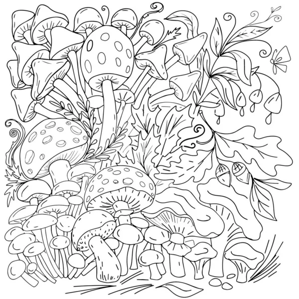 蘑菇森林冰雹苍蝇琼脂蘑菇着色书给孩子们看大自然的花朵阳光和冰雹手绘春夏图解有趣 — 图库矢量图片
