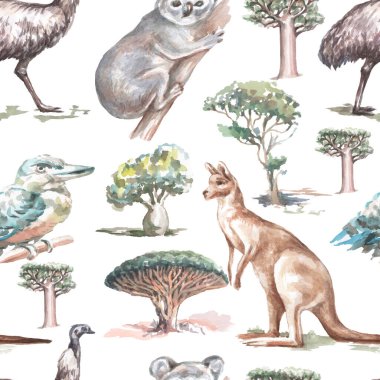 Hayvanlar Avustralya grafik çizim eli beyaz zemin üzerinde izole edilmiş koala devekuşu devekuşu devekuşu devekuşu emusu çizdi