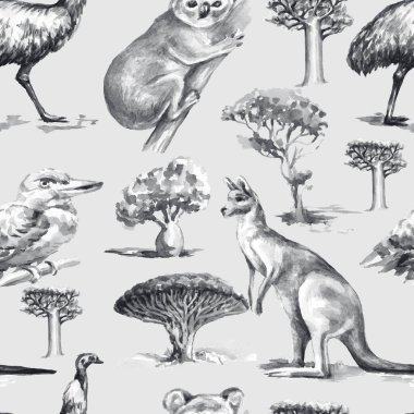 Hayvanlar Avustralya grafik çizim eli beyaz zemin üzerinde izole edilmiş koala devekuşu devekuşu devekuşu devekuşu emusu çizdi