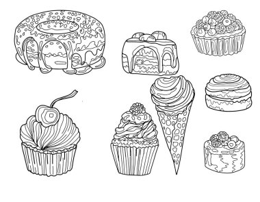 Sweets cupcake kek kek grafikleri. Çocuklar için el yazısı boyama kitabı. 