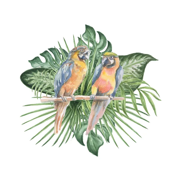 Vogel Fvogel Blumen Und Blätter Aquarell Illustration Hand Gezeichnet Komposition — Stockfoto