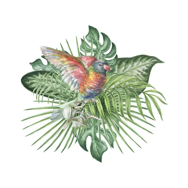 Vogel Blumen Und Blätter Aquarell Illustration Hand Gezeichnet Komposition Isolierte — Stockfoto