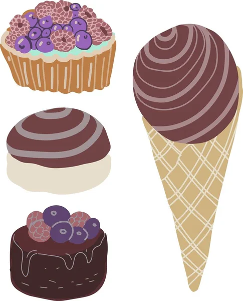 お菓子カップケーキケーキケーキグラフィックイラスト手描きの印刷着色本白に別々の要素のセット — ストックベクタ