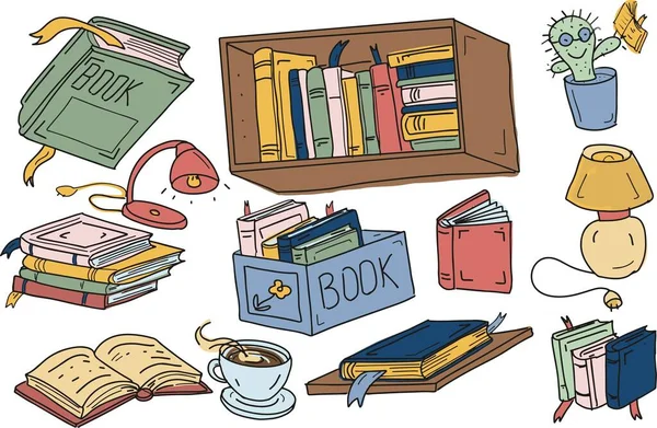 Kitaplar lamba fincanı rafı, kahve el çizimleri, çizimler, karalama çizimleri, çıkartmalar beyaz üzerine ayrı ayrı.