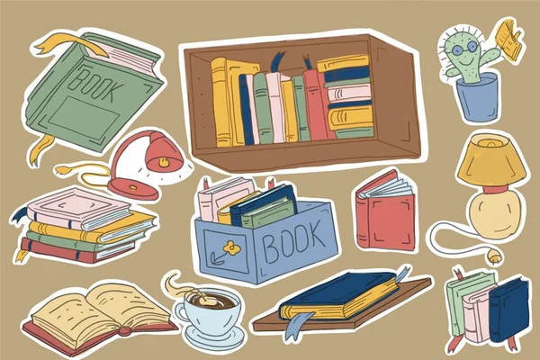 Libros Lectura Lámpara Taza Estante Café Mano Dibujado Conjunto Gráficos — Archivo Imágenes Vectoriales