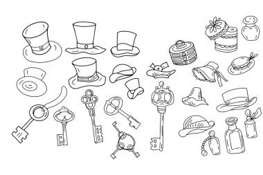 Şapka anahtarları eski moda şapka kutusu masalı Alice Harikalar Diyarı 'nda çizilmiş çizim karalaması beyaz arka planda siyah ve beyaz grafik renklerine ayrı ayrı çizilmiş. 