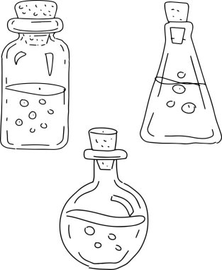Şişeler sihirli şişeler, el çizimi karalama karalamaları, beyaz arka plan siyah beyaz grafikler üzerine ayrı ayrı dizilmiş. 