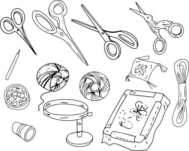 Embroidery sewing embroidery set doodles hand drawn hoop thread scissors separate elements on a white background