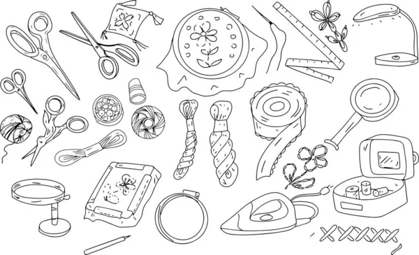 Embroidery Sewing Embroidery Set Doodles Hand Drawn Hoop Thread Scissors — Vector de stock