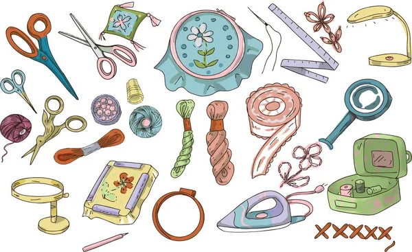 Embroidery Sewing Embroidery Set Doodles Hand Drawn Hoop Thread Scissors — Archivo Imágenes Vectoriales