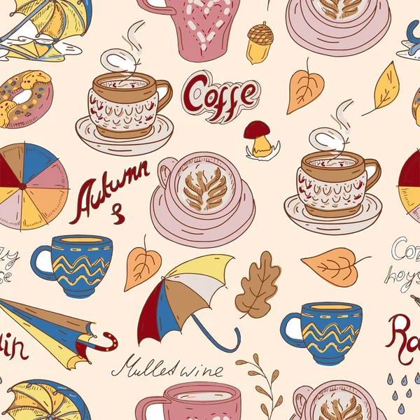 Autumn Stickers Umbrella Cup Comfort Hand Drawn Leaves Rain Bright — Διανυσματικό Αρχείο