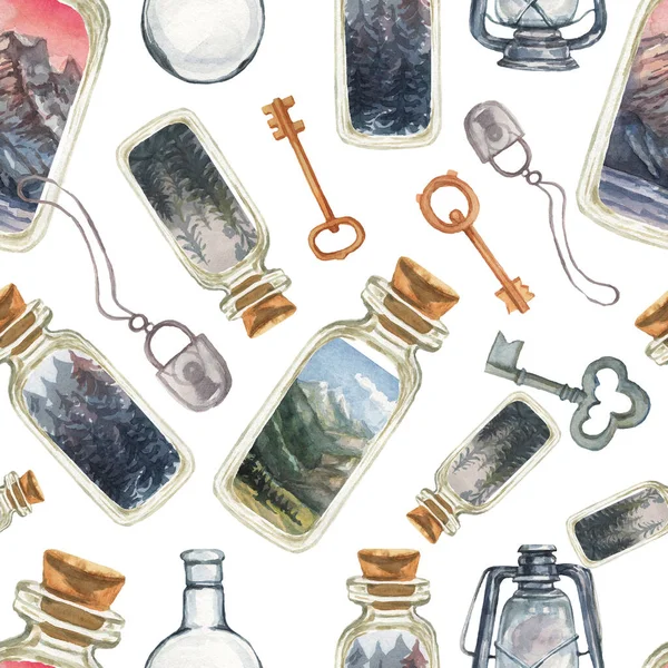 Keys, lock glass jars, retro items, gas lantern scenery forest watercolor illustration hand drawn pattern seamless magic fairy tale