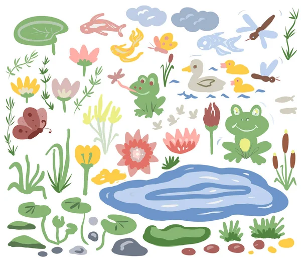 Pond frog lake water lilies reeds nature animals insects ducks, big set illustration hand drawn print separately on white background childish cute