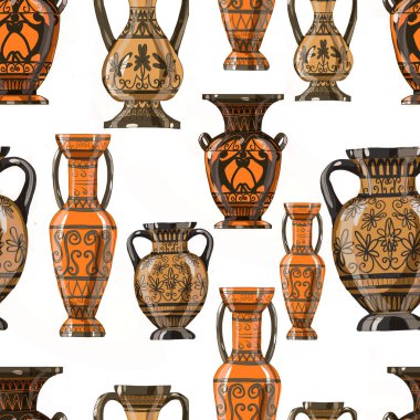 Yunan vazoları sanat kültürü antika klasikleri beyaz arka planda ayrı ayrı çizilmiş masa örtüleri