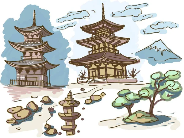Pagoda Japán Épület Tájékozódási Pontok Vázlat Vázlat Kézzel Rajzolt Reális — Stock Vector