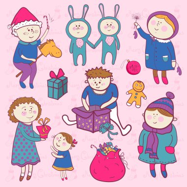 çocukça Noel vektör karikatür tarzı ayarla