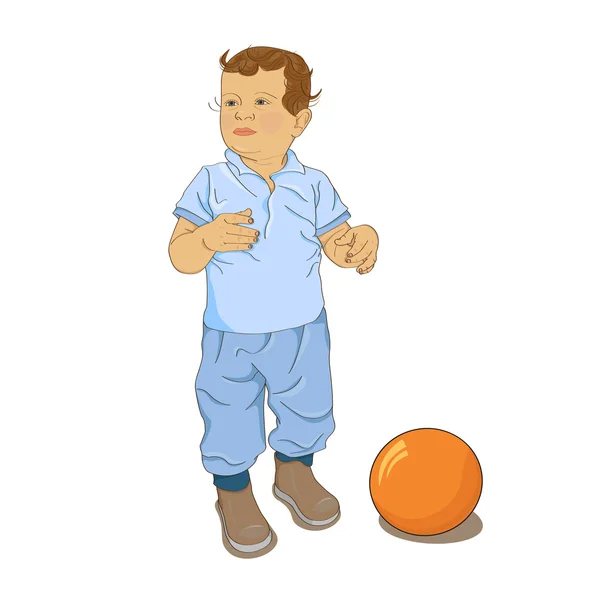 Pequeño chico rizado jugar con la pelota — Vector de stock