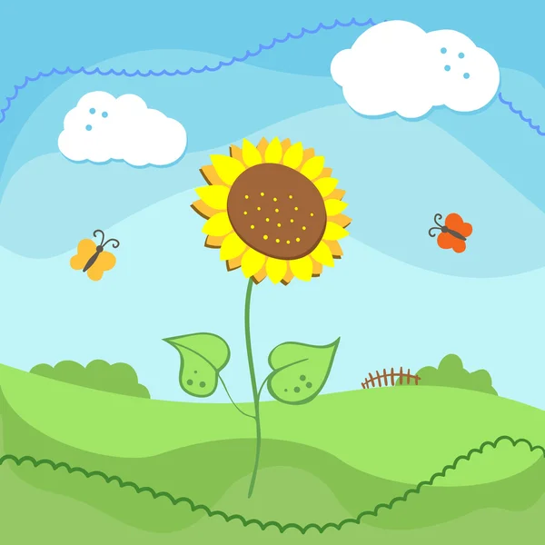 Paisaje rural con girasoles y nubes — Vector de stock