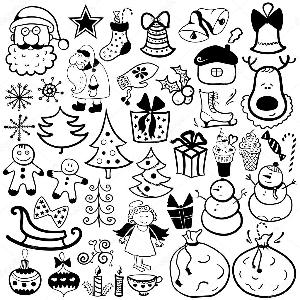 Set de iconos navideños, elemento blanco y negro Imagen Vectorial de