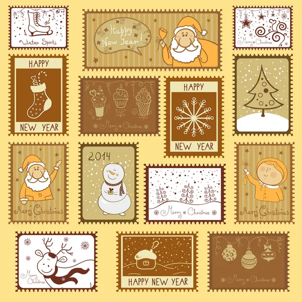 Почтовые марки с рождественской иллюстрацией — стоковый вектор