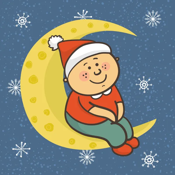 Baby sitzt in Weihnachtsmütze auf dem Mond — Stockvektor