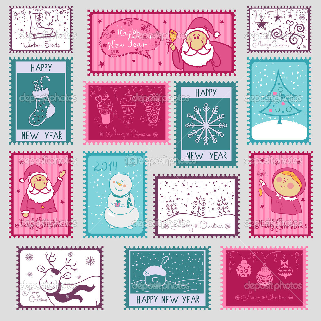 Postal stamps with Christmas illustration
