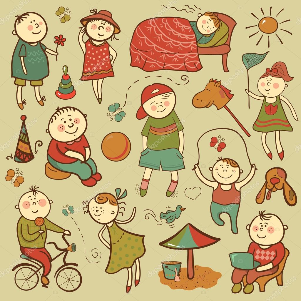Children play with toys, vector illustration set
